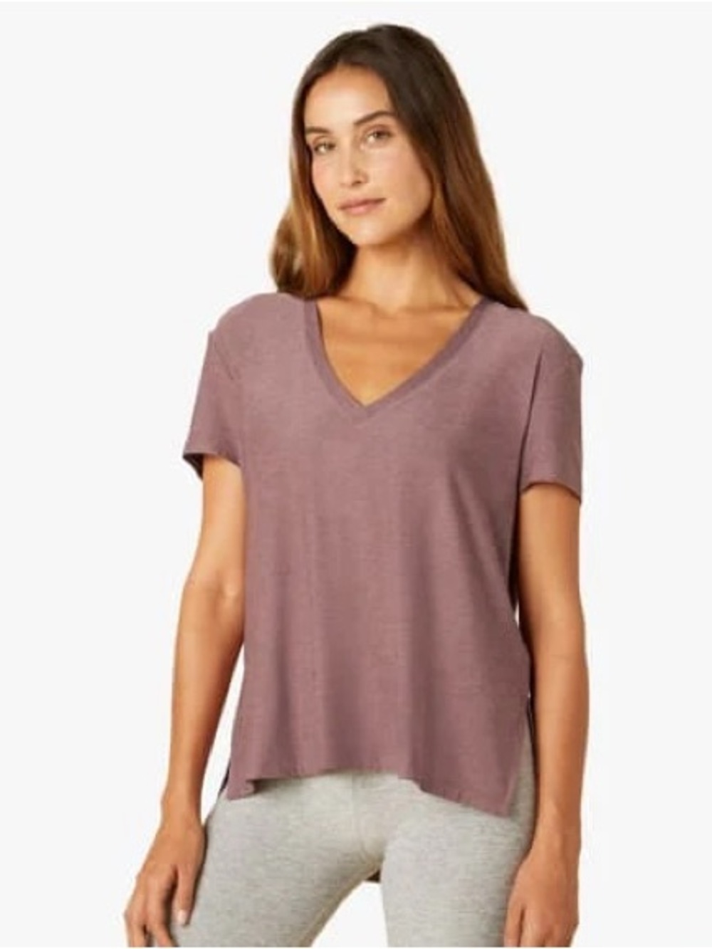 Beyond Yoga Mauve Brown V-Neck Short Sleeve Tee